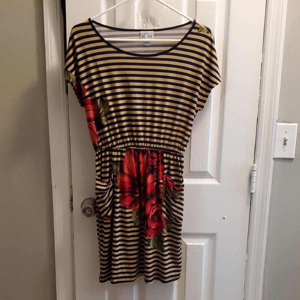 Striped Dress with Red Floral Design